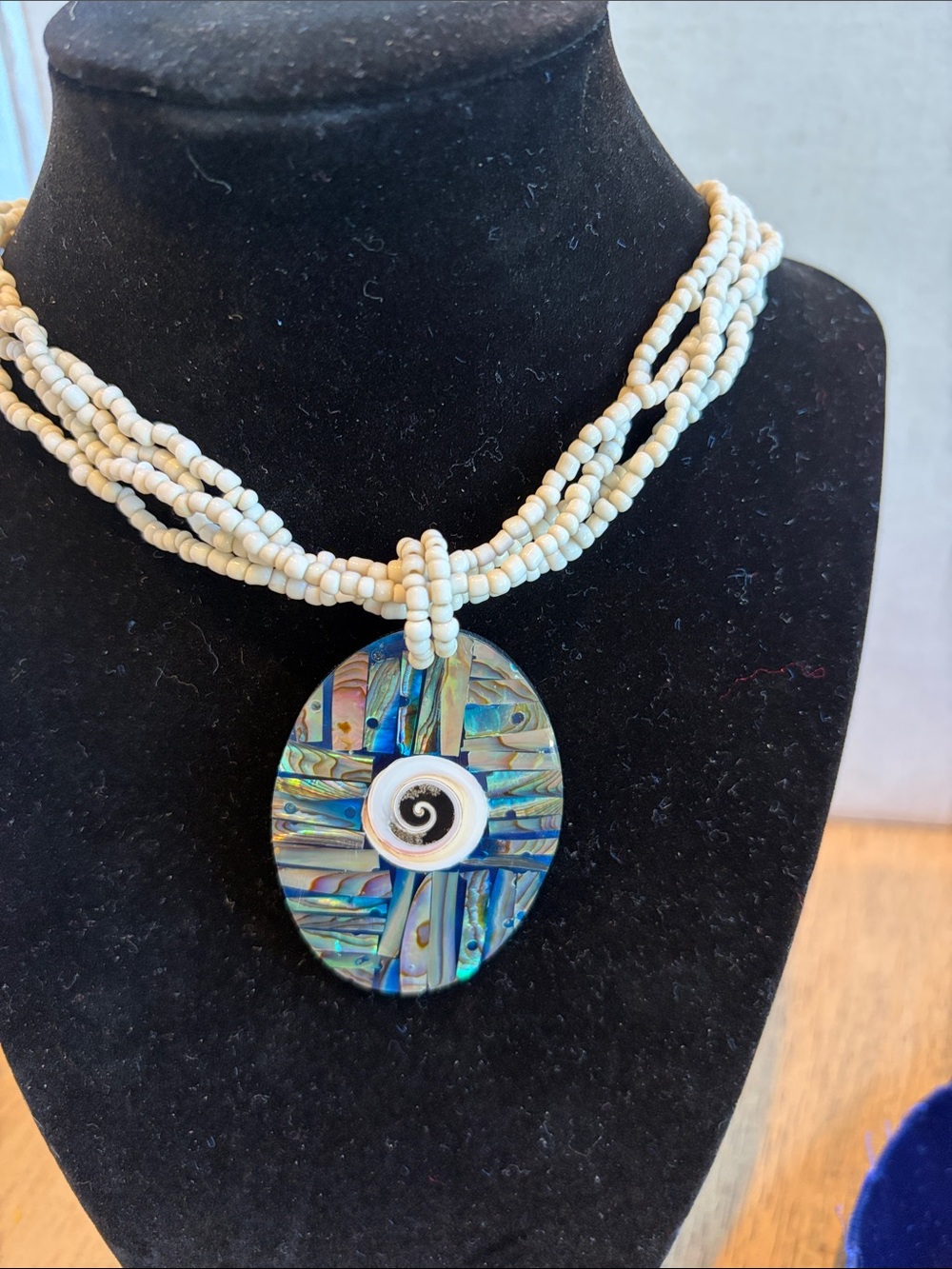 Handcrafted Abalone Pendant Necklace with Cream Seed Bead Strands
